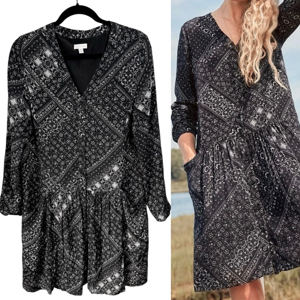 GARNET HILL V-Neck Whimsigoth Dress Size 10 Bandana Patchwork Pockets Black